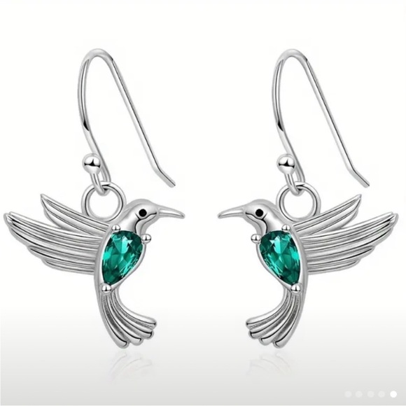 Jewelry - Silver Hummingbird Drop Earrings with Emerald Green Crystal